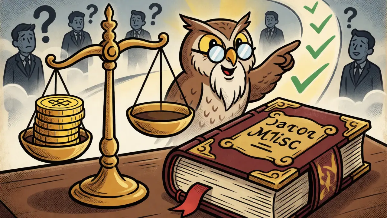 Illustration of scales balancing crypto assets against law books, guided by an owl regulator.