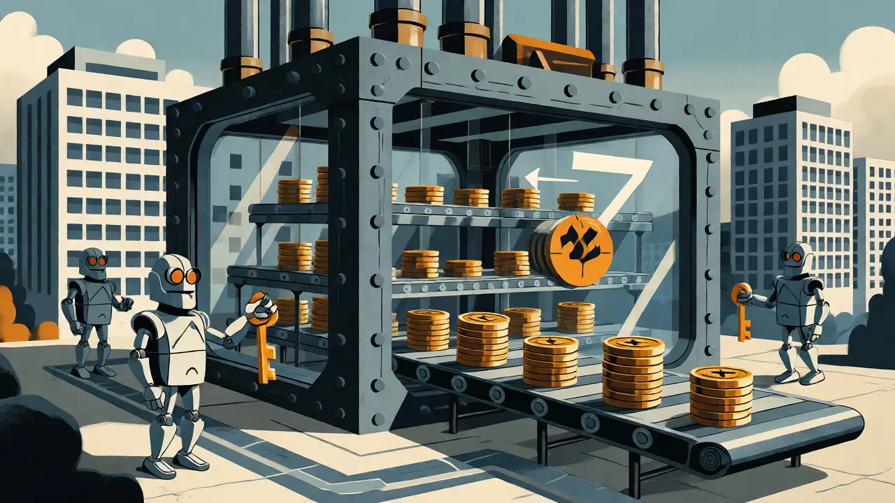 Illustration of secure institutional crypto custody vaults and digital asset flows