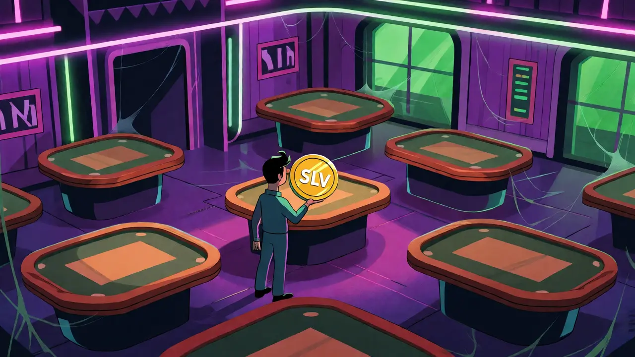 Isolated user holding an SLV coin inside an empty, web-covered digital casino.