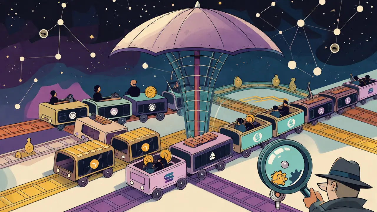 Multi-chain network depicted as colorful trains in vintage cartoon art