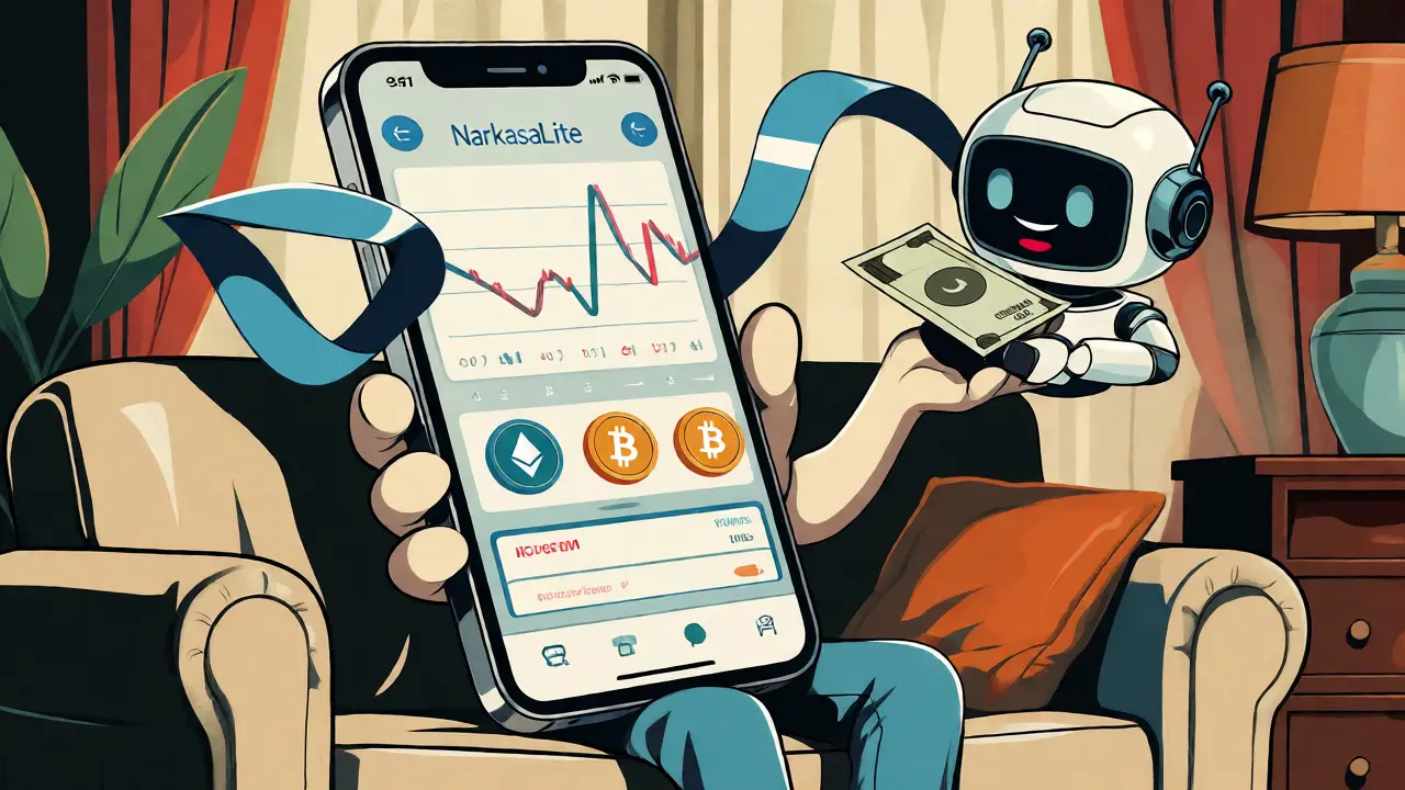 Person easily trading crypto on a simple mobile app in a cozy setting.