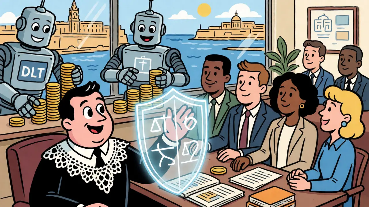 Regulators and tech entrepreneurs collaborating in a safe Maltese office
