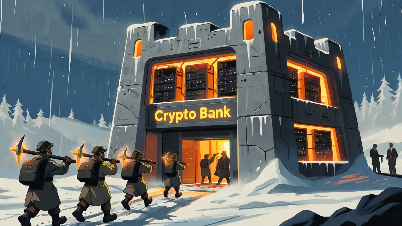 Retro cartoon of a glowing Crypto Bank fortress in a snowy landscape.
