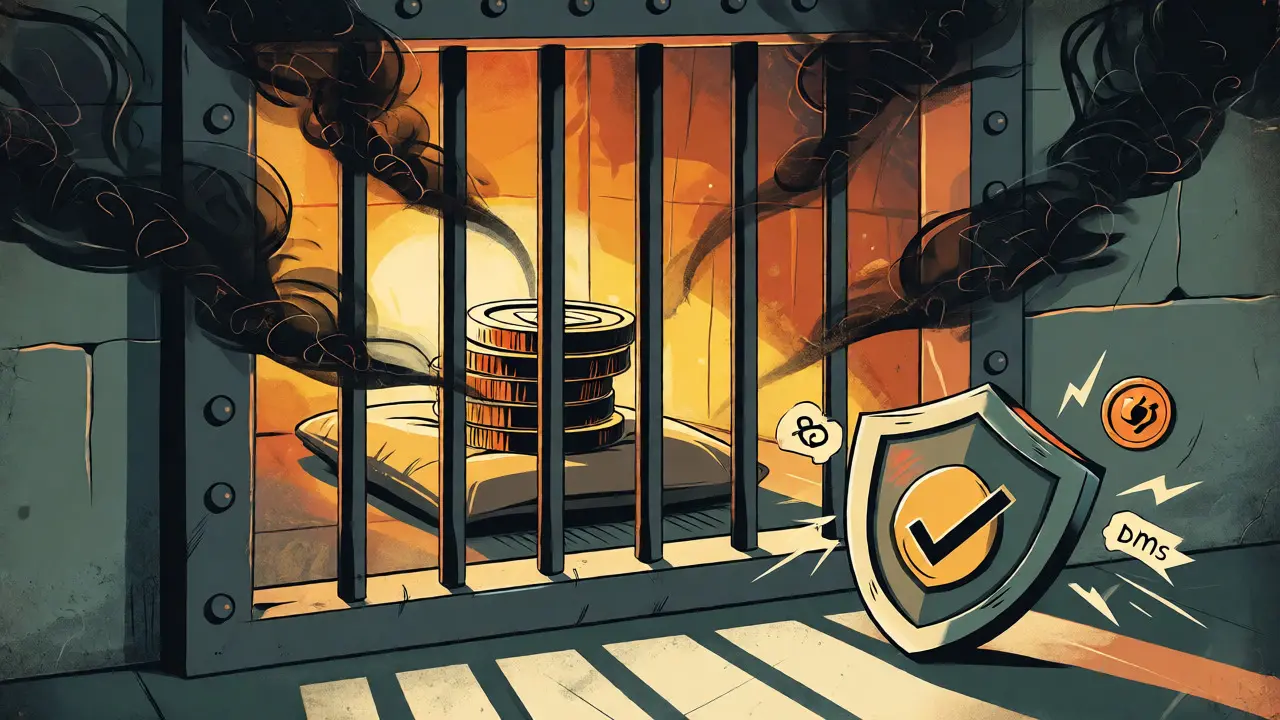Secure vault containing tokens protected by a shield against chaotic rumor smoke in vintage art.