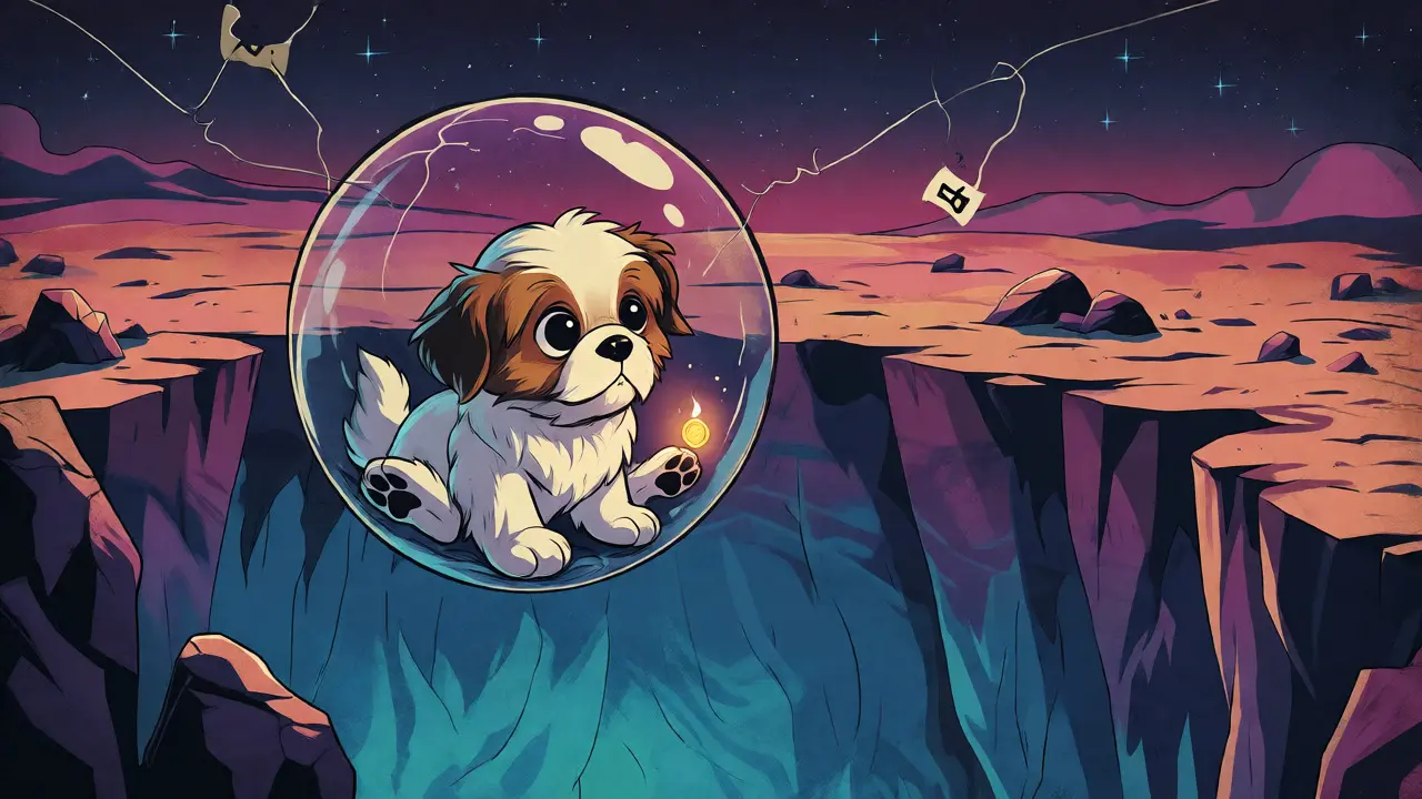 Shih Tzu in a fragile bubble floating over a dark abyss in retro cartoon illustration