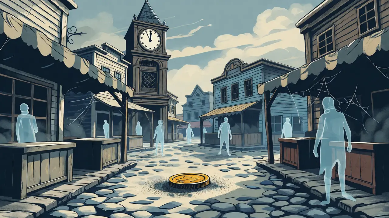 Spectral figures wander through an empty, dusty marketplace square with a single neglected coin.