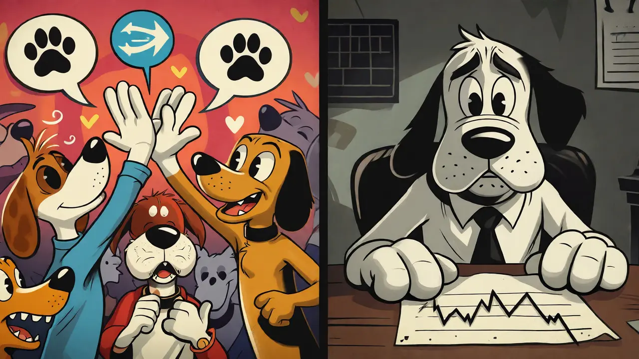 Split scene of social media fun vs. falling crypto prices with cartoon dogs