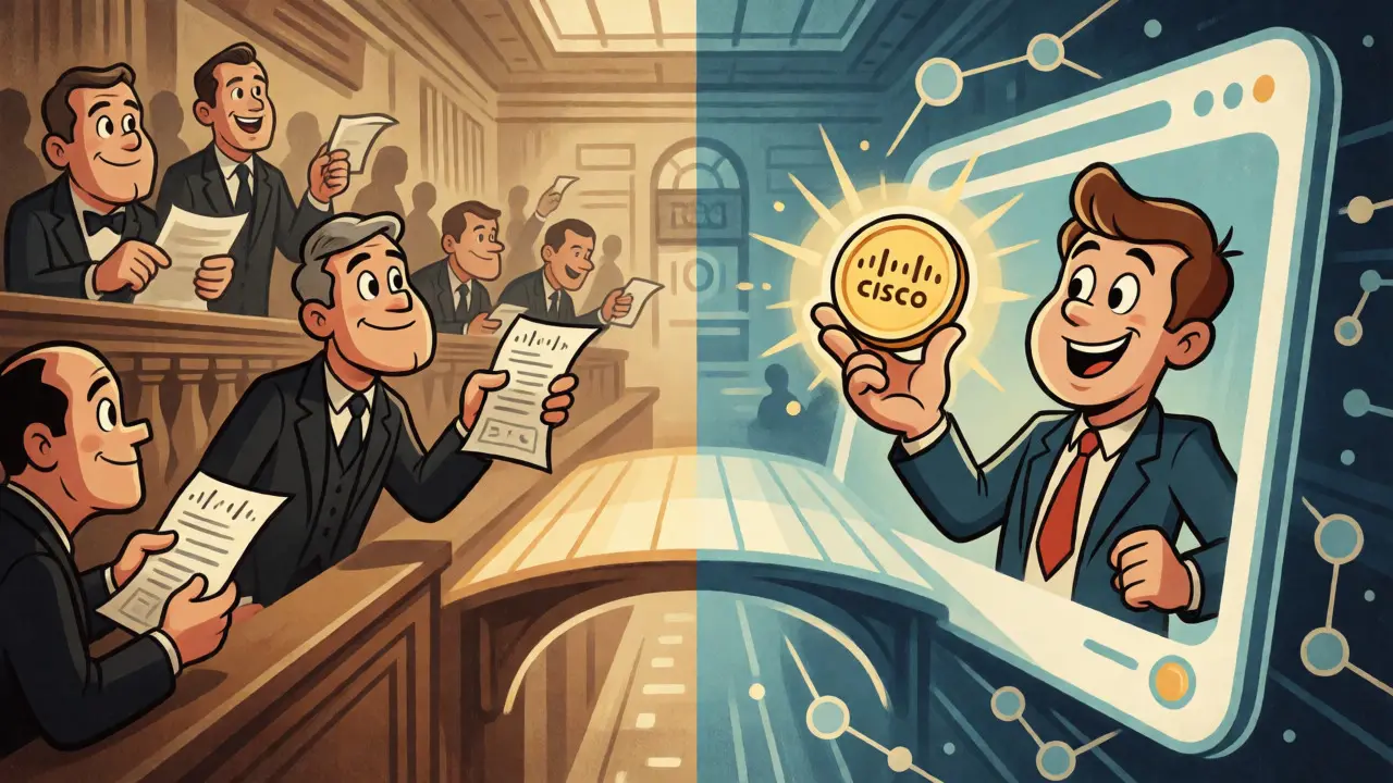 Split-screen cartoon contrasting a traditional trading floor with a modern crypto wallet interface.