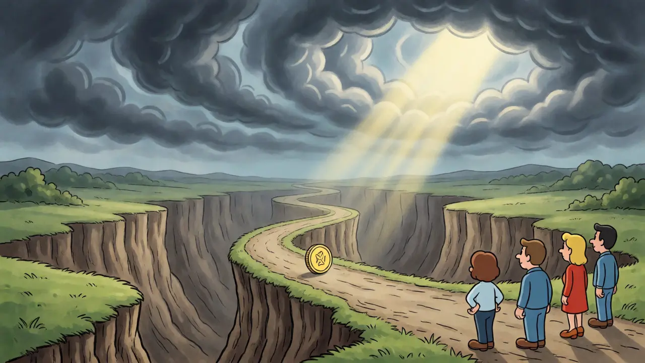 Surreal vintage cartoon of a tiny coin on a precarious path over a canyon.
