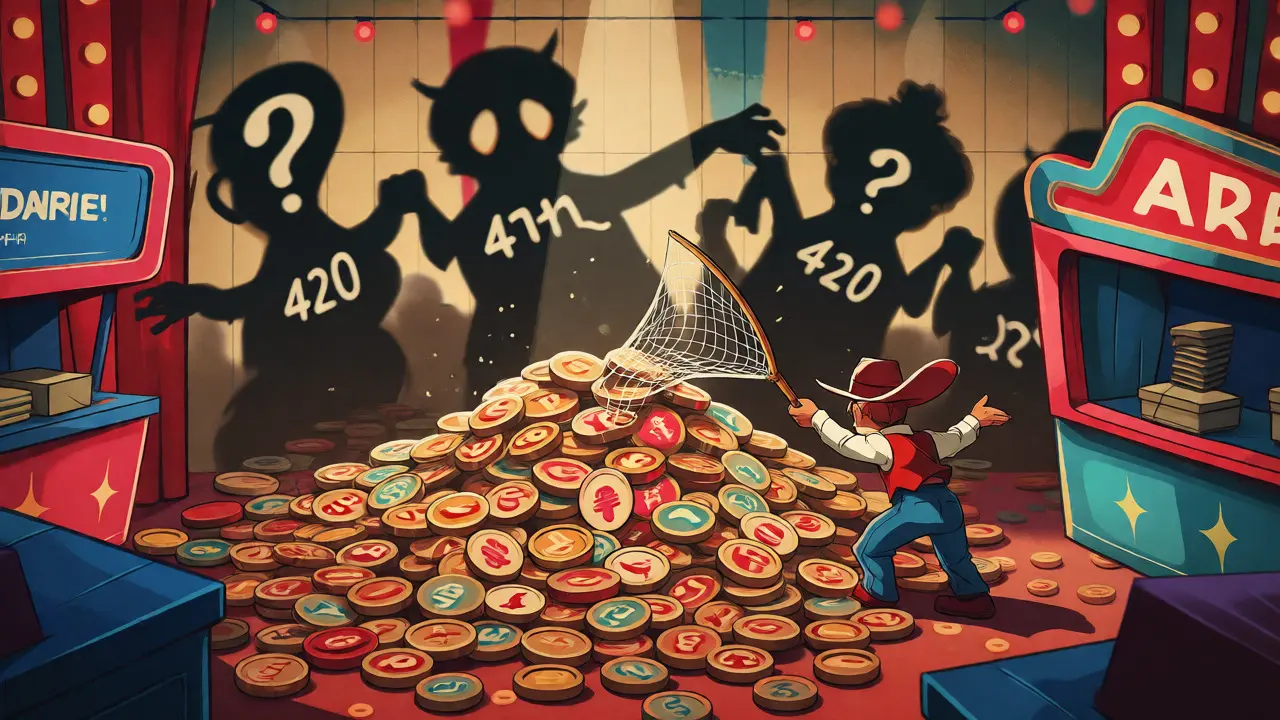 Trader scooping tiny tokens amidst chaotic carnival setting