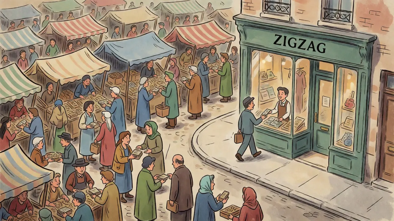 Vintage cartoon contrasting busy Arbitrum DeFi market with isolated ZigZag boutique.