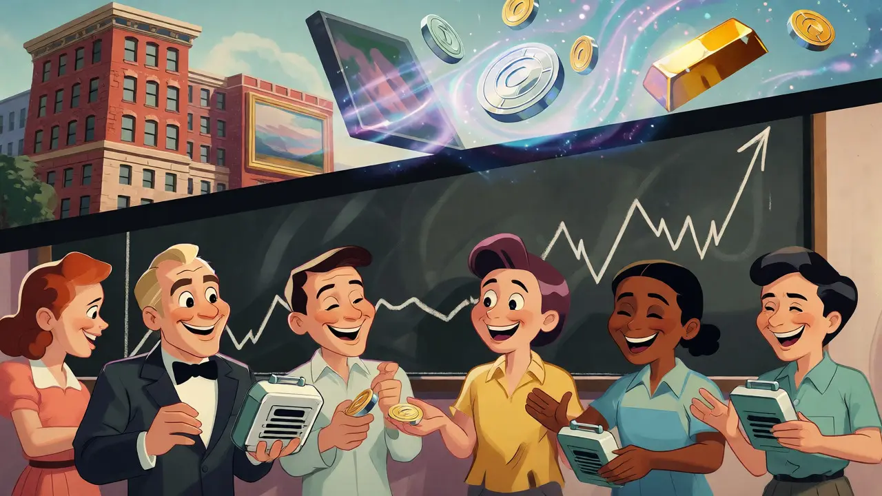 Vintage cartoon depicting real estate and art turning into digital tokens for easy trading.