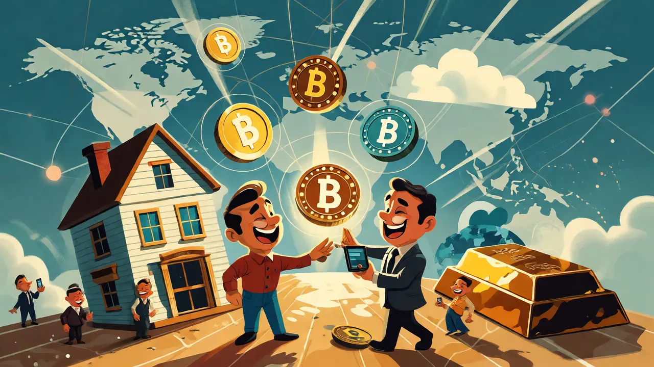 Vintage cartoon depicting real-world assets like houses turning into digital tokens