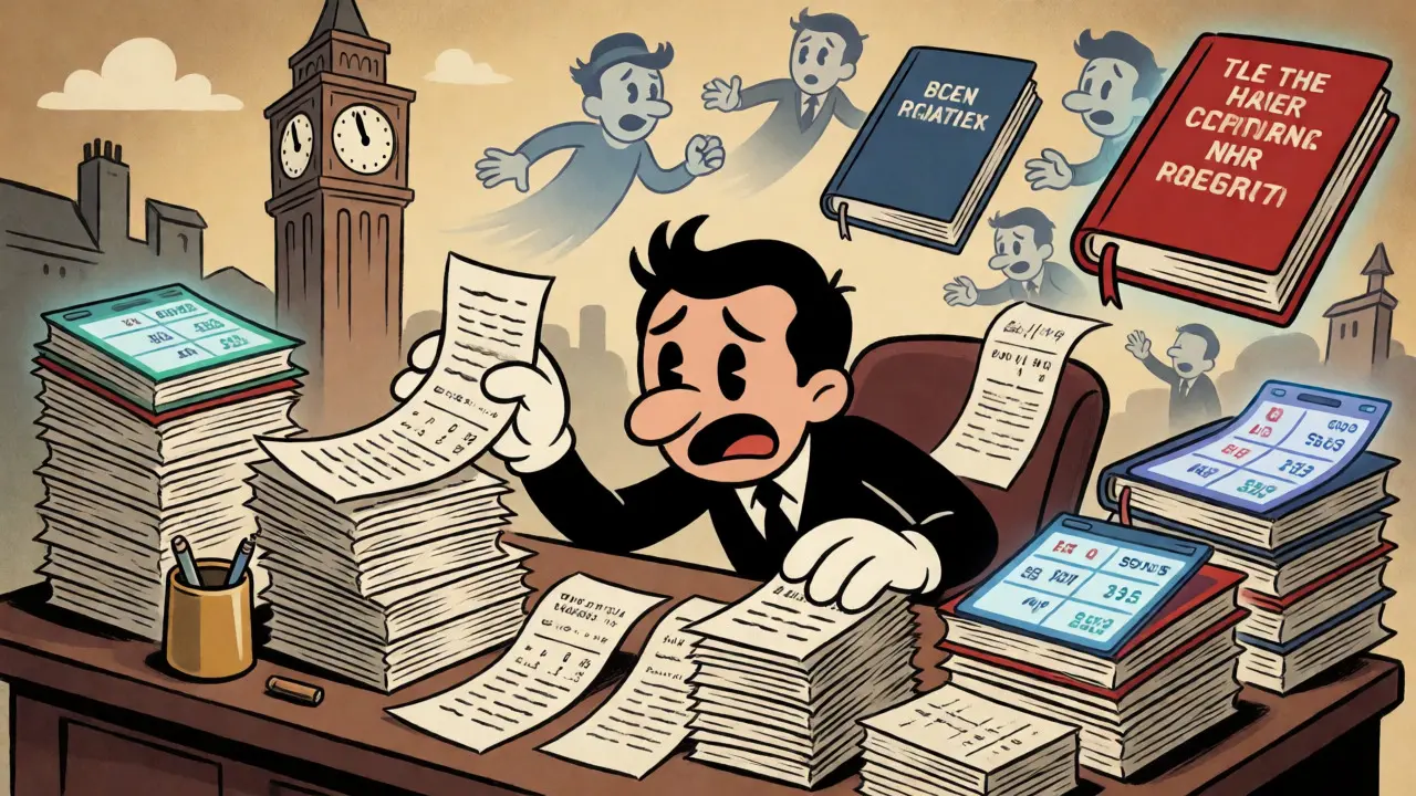 Vintage cartoon of an expat struggling with crypto tax records and new rules.