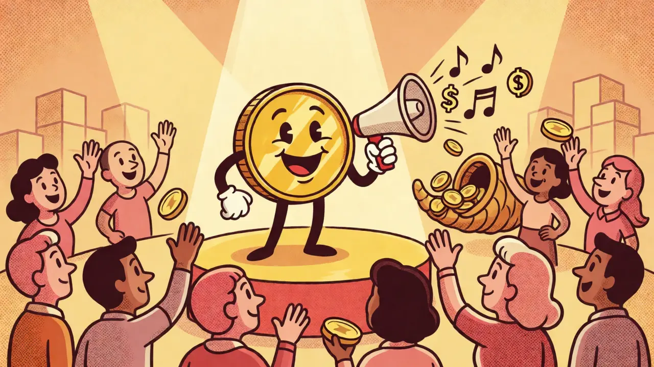 Vintage cartoon of $ZZ token character distributing rewards to community voters.