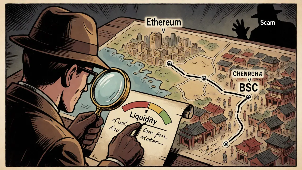Vintage comic detective inspecting a blockchain map showing migration from Ethereum to BSC.