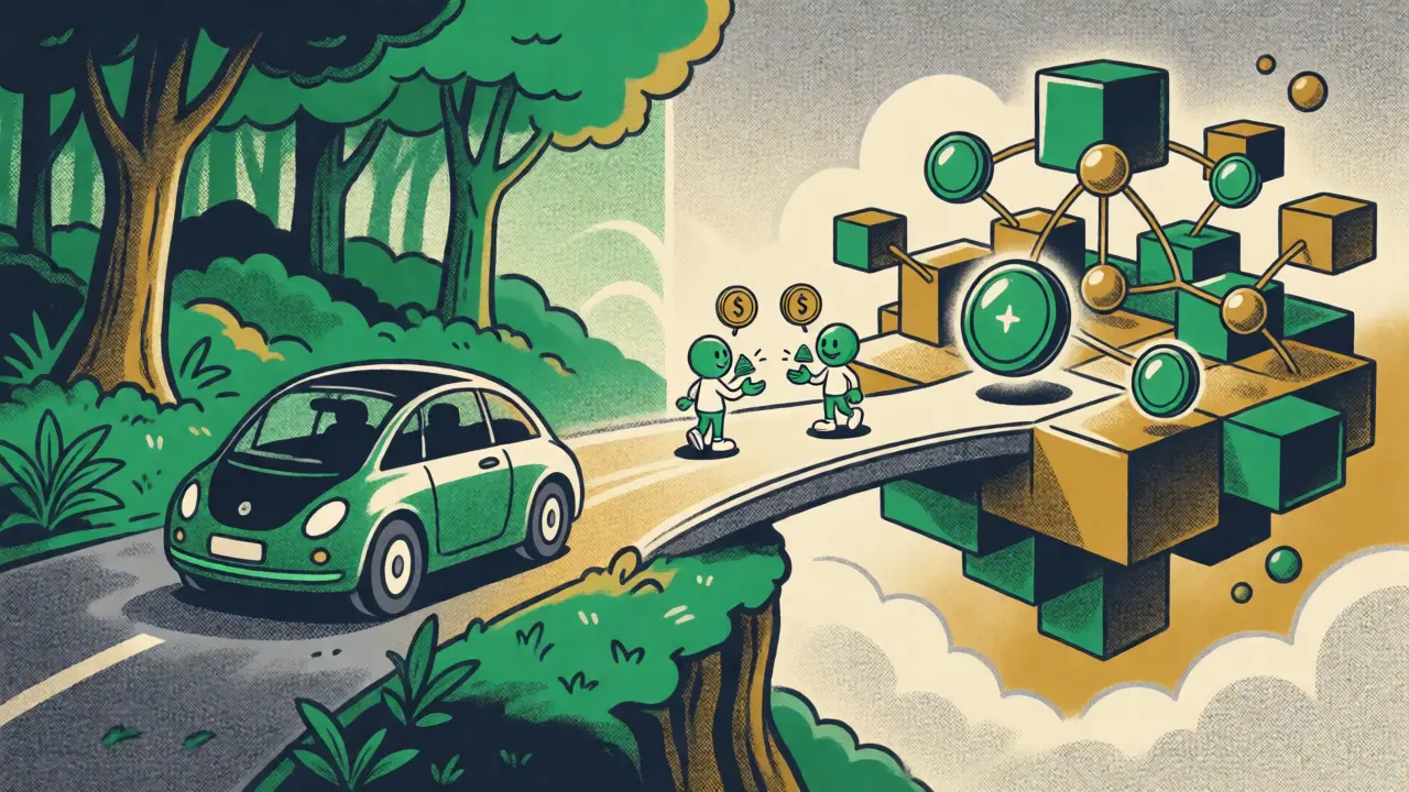 Vintage illustration connecting eco-driving to digital carbon markets