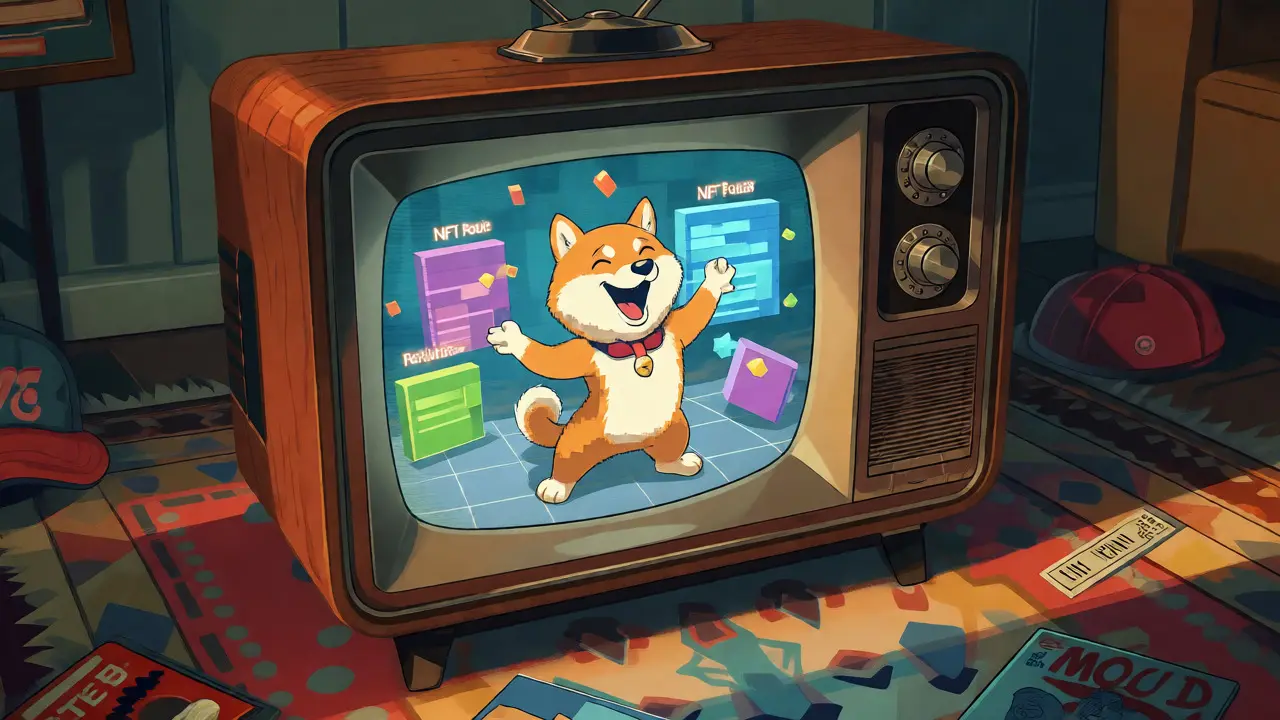 Vintage TV showing animated Shiba Inu in a metaverse game