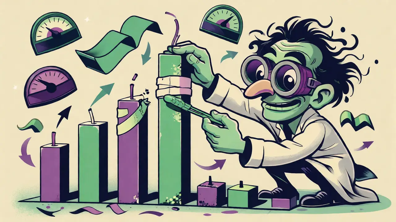 Whimsical cartoon doctor treating a damaged cryptocurrency candlestick chart