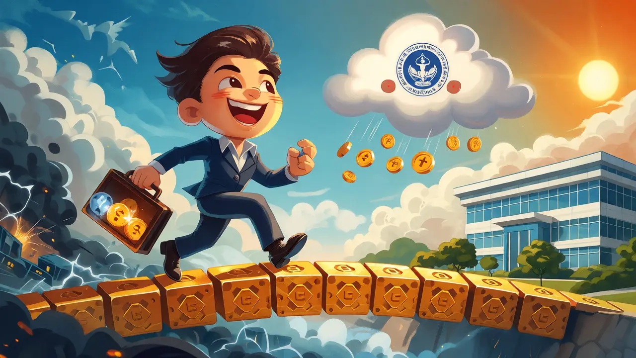 Businessperson crossing a blockchain bridge toward a licensed Thai exchange in cartoon style.