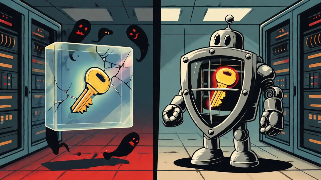Comparison of fragile software wallets versus secure, isolated HSM hardware in retro art.