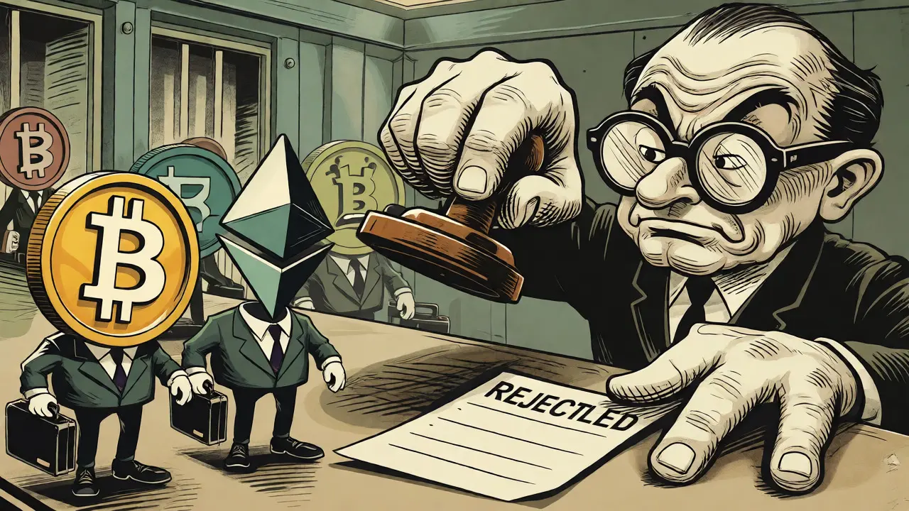 Crypto characters in suits facing a stern regulator with a rejection stamp in a vault