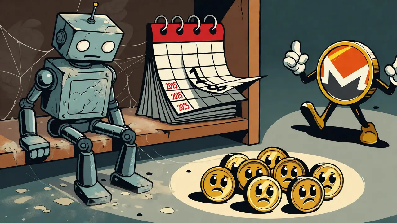 Dusty robot and neglected coins contrasted with an active competitor coin.