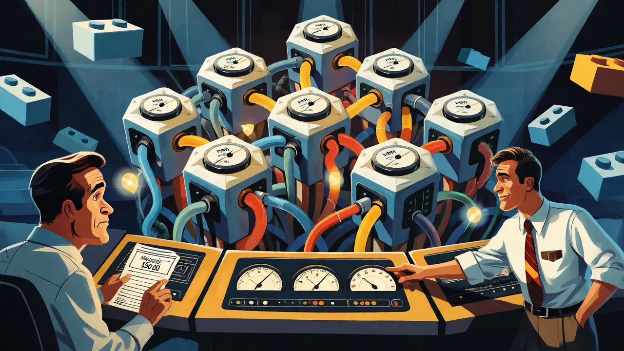 Engineers managing a high-speed cluster of connected HSM units in a retro control room.