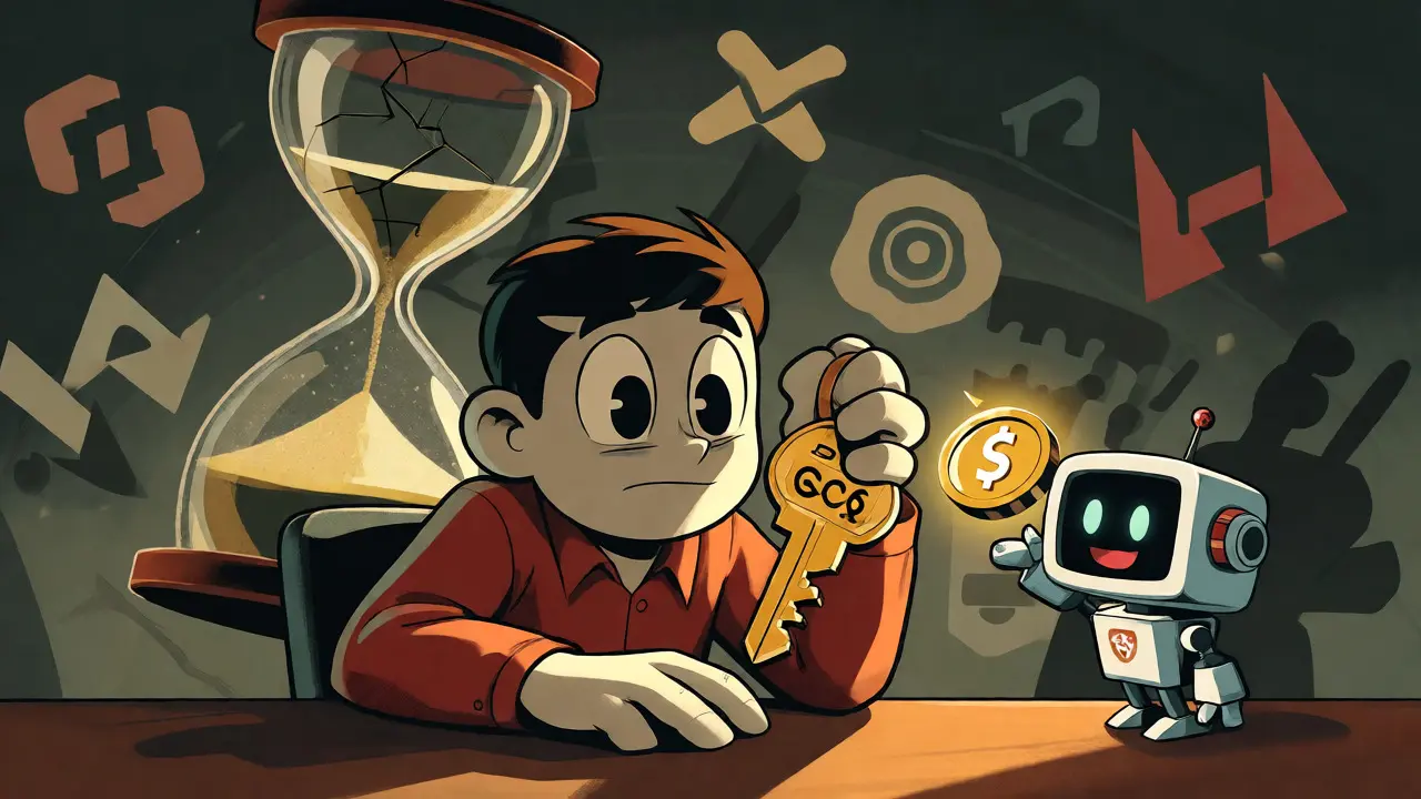 Exhausted gamer holding a key next to an empty hourglass and a robot.