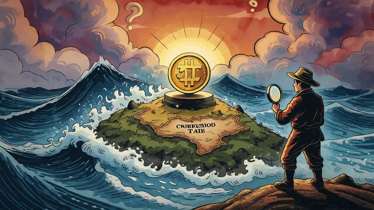 Explorer viewing a distant, isolated cryptocurrency on a stormy sea map.
