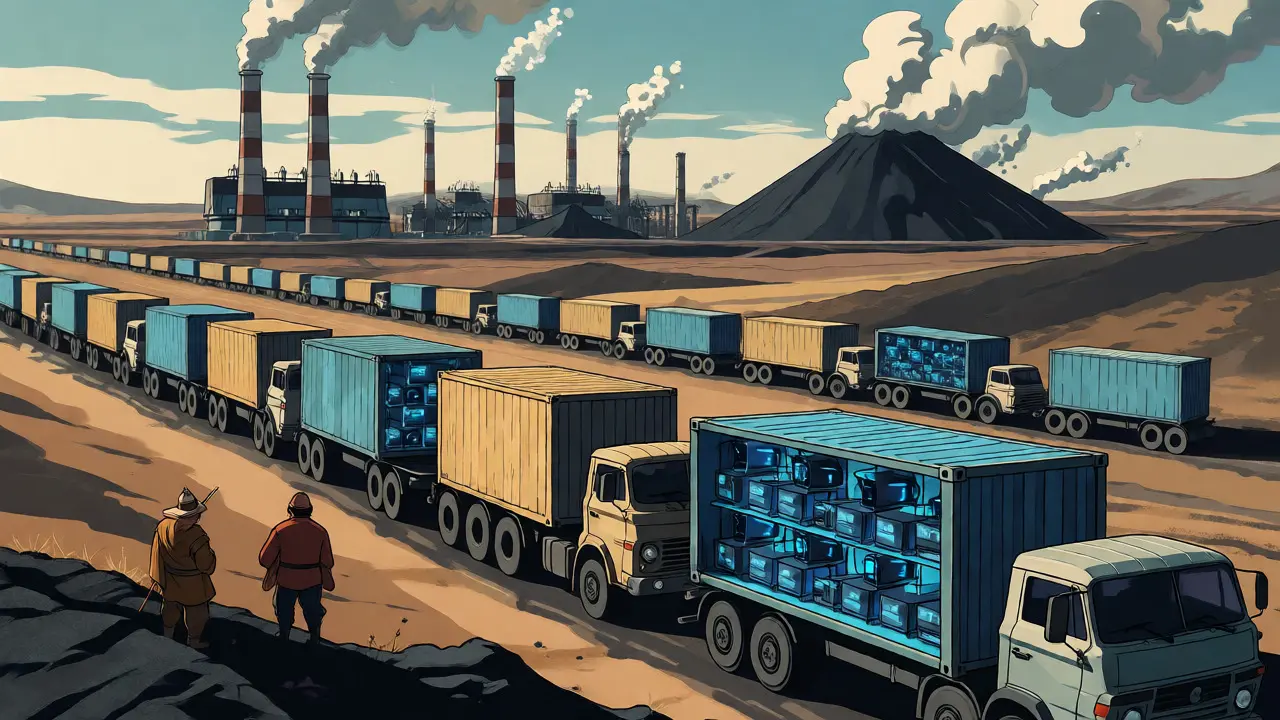 Illustration of mining rigs being shipped to Kazakhstan near coal power plants.