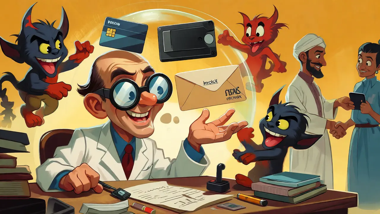 Inventor managing gift cards and wallets amidst scam imps in retro cartoon art.