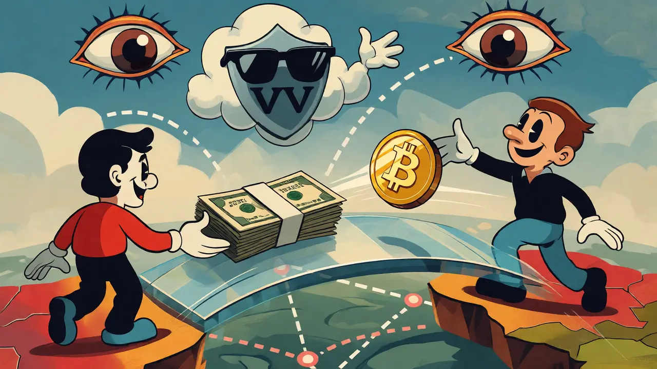 P2P crypto exchange protected by a VPN shield against a watching eye.