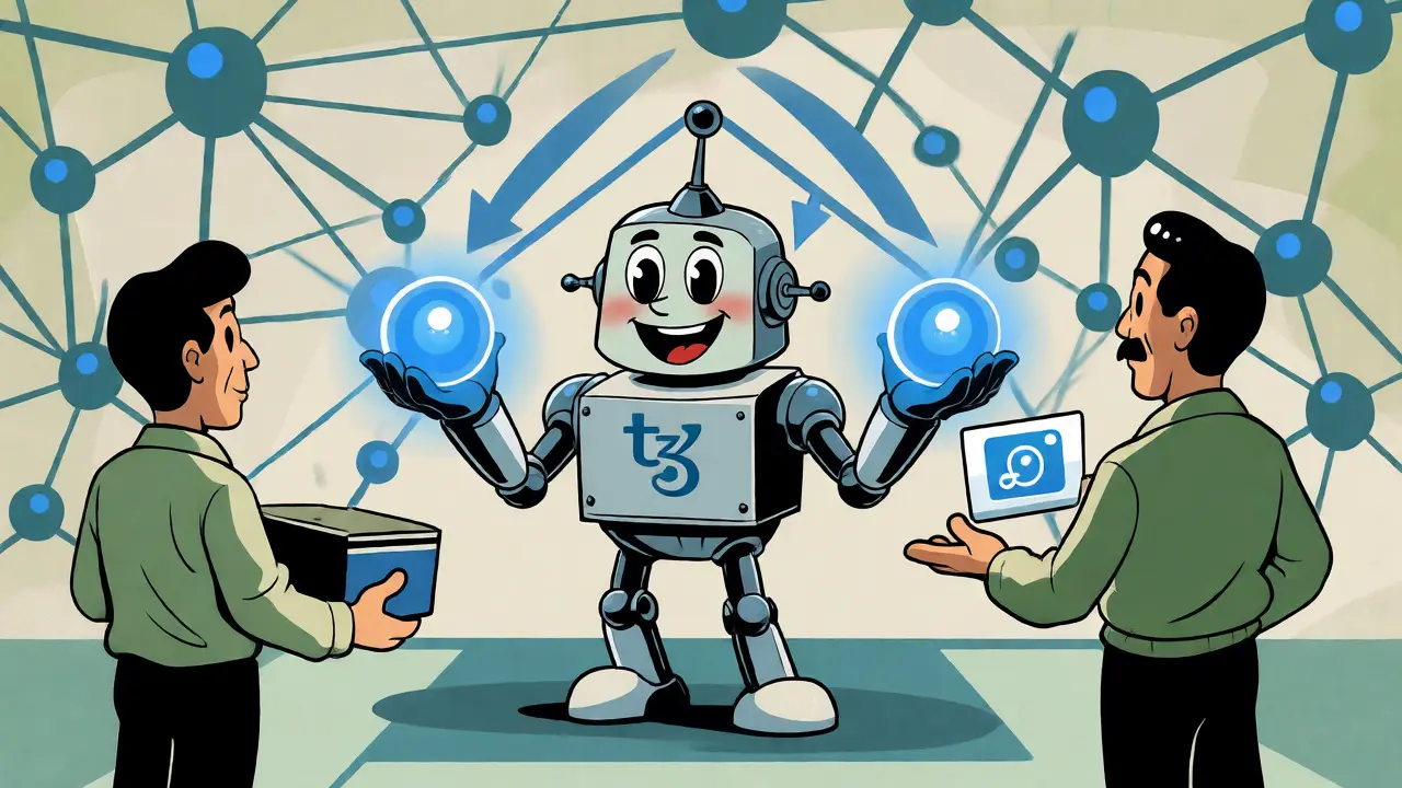 Robot holding funds between buyer and seller illustrating decentralized escrow