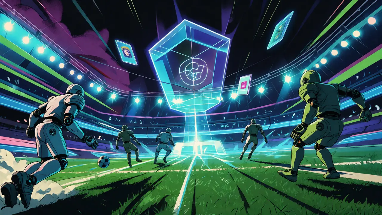 Robotic football players racing at high speed under a floating mystery box.