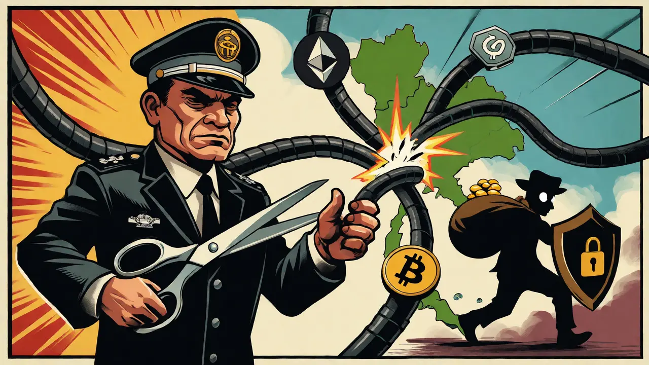 SEC official cutting digital cables connecting crypto exchanges to Thailand in vintage art.
