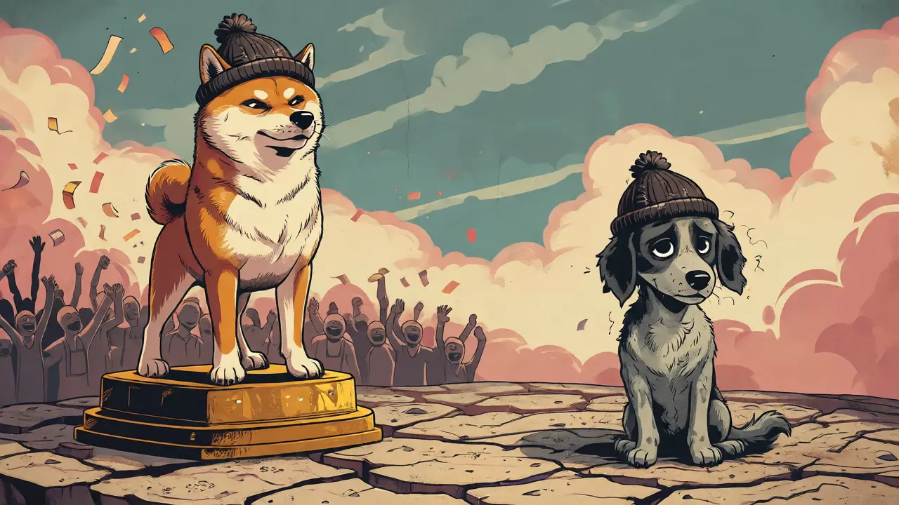Successful dogwifhat mascot contrasts with lonely Canwifhat mascot in retro illustration.