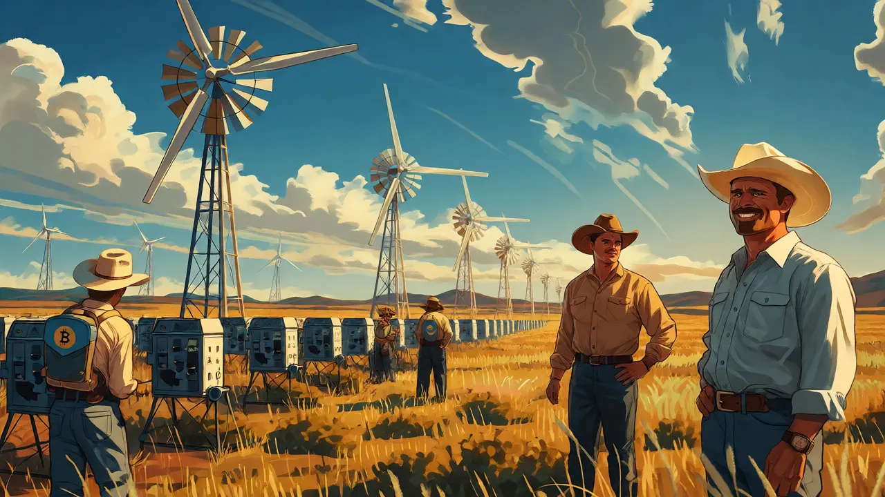 Vintage cartoon of Bitcoin miners in Texas fields with wind turbines.