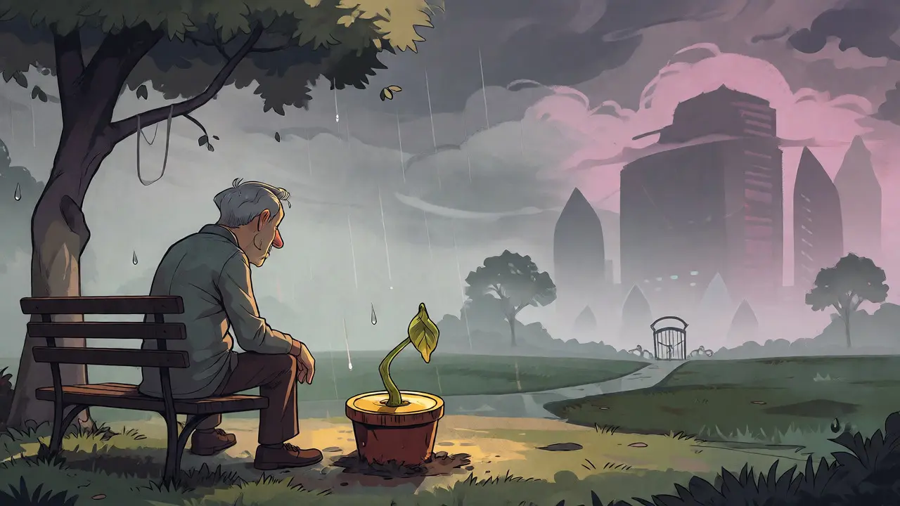 Weary investor watching a wilting coin-plant in a gloomy park